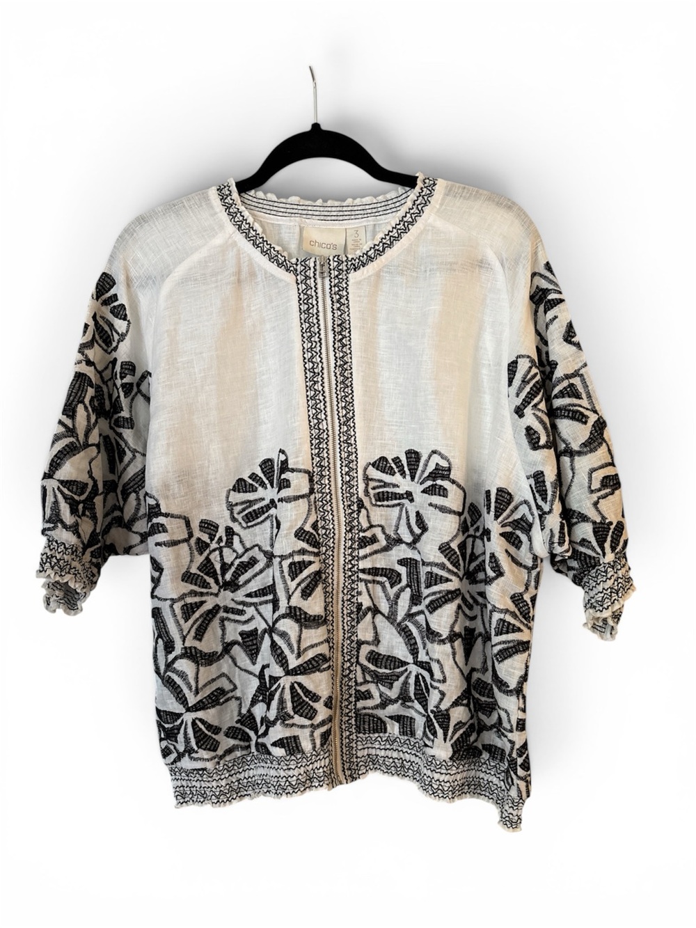 Chico's Embroidered Linen Jacket - White & Black Sz 3 (XL)